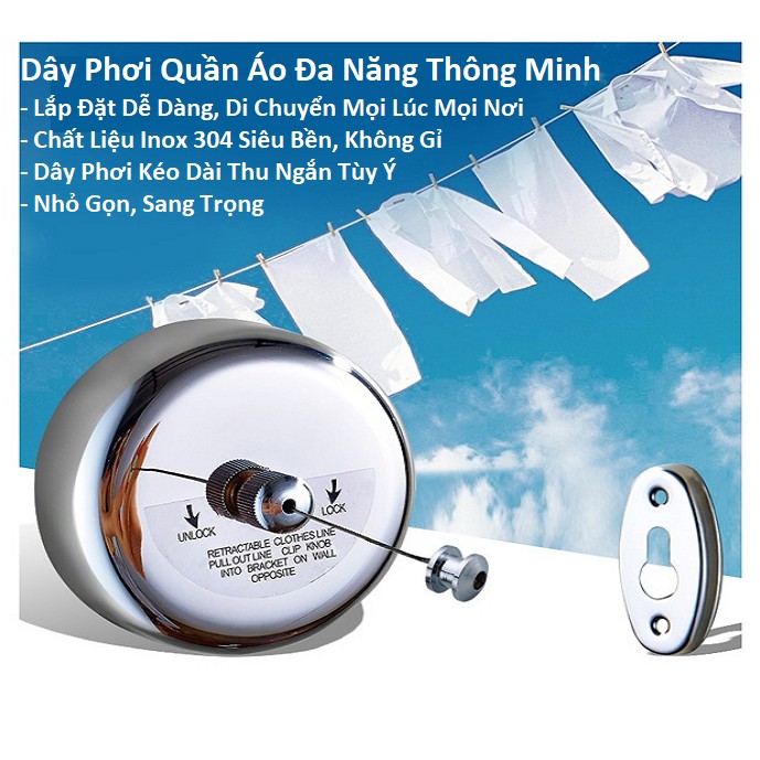 Dây Phơi Quần Áo Gắn Tường INOX Di Động Đa Năng Thông Minh Nhỏ Gọn Kéo Rút - Giàn Dây Phơi Di Động Trong Nhà