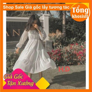 Đầm trắng trệt vai vitage kiểu dáng hàn quốc, hàng 2 lớp có lót trong