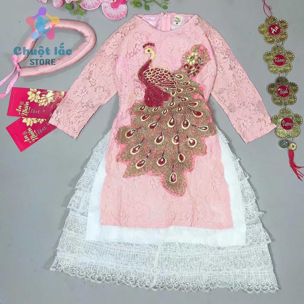 Áo Dài Cách Tân Cho Bé Gái  Mẫu Công Kim Sa Lấp Lánh 8Kg Đến 18Kg .