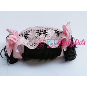 Băng Đô Tóc Giả Ren Hồng - Kèm Tóc Mái Cho Bé