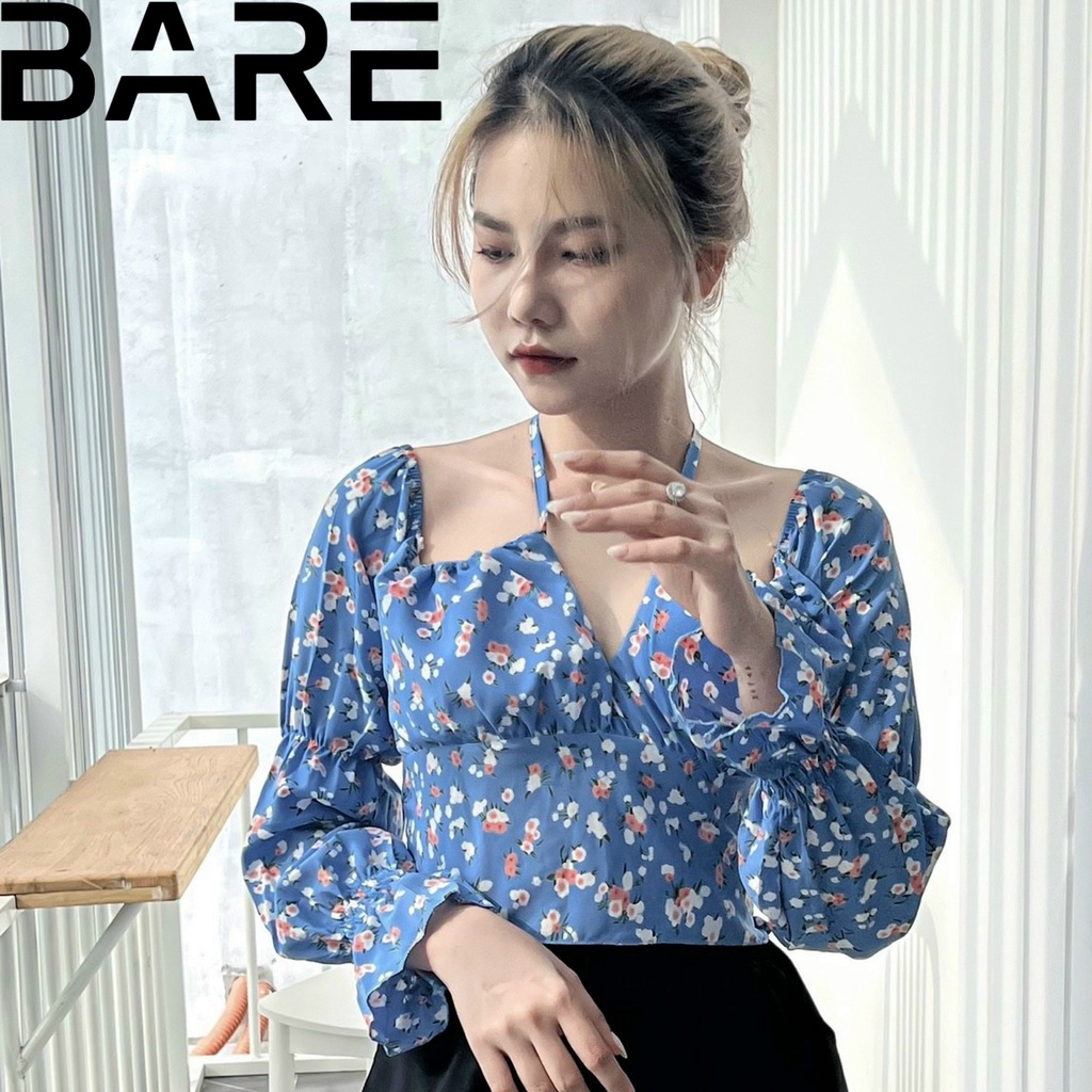 Áo kiểu trễ vai nữ tay dài họa tiết hoa nhí croptop kiểu đẹp thiết kế dây yếm tay loe cho nàng điệu đà - AO0140