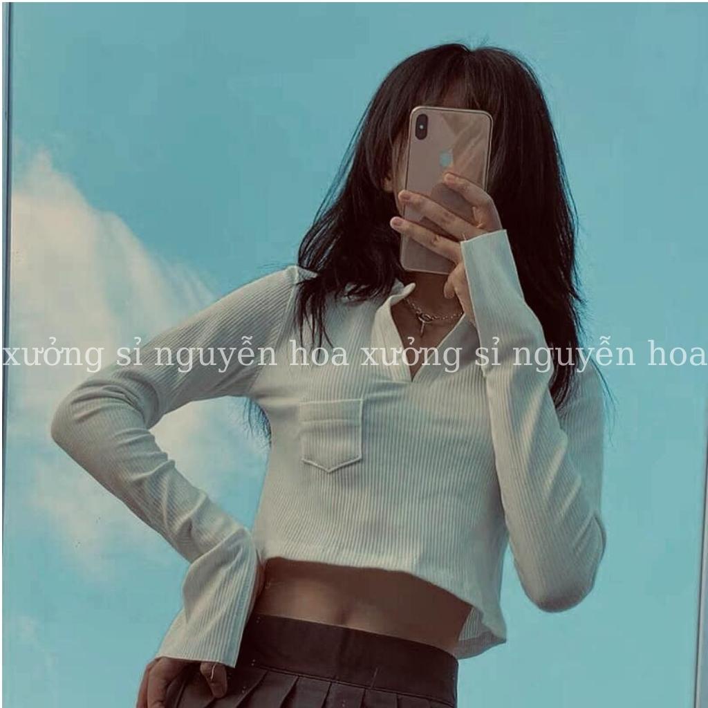 Áo thun croptop nữ xẻ tay dài túi ngực có cổ phong cách sexy cá tính 2 màu trắng đen dễ phối đồ Xưởng Sỉ Nguyễn Hoa