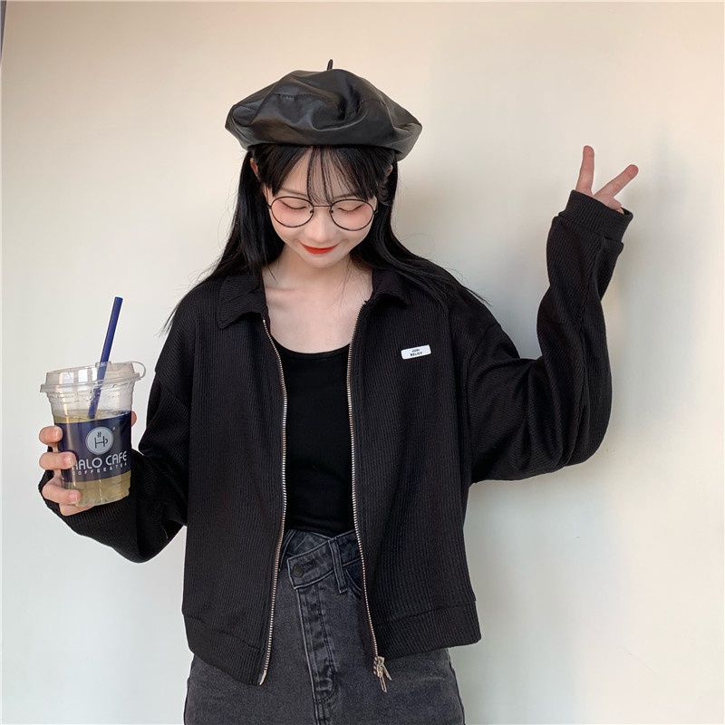 Áo Khoác Dáng Rộng Ngắn Màu Đen Phối Khóa Kéo Phong Cách Retro Mỹ Cá Tính Cho Nữ