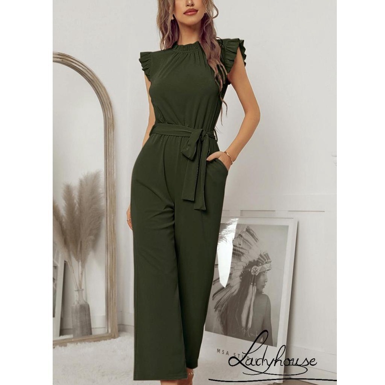 LDD-Female Jumpsuit, Solid Color Crew Neck Sleeveless Ruffle Belted Romper with Pockets for Summer, S/M/L/XL