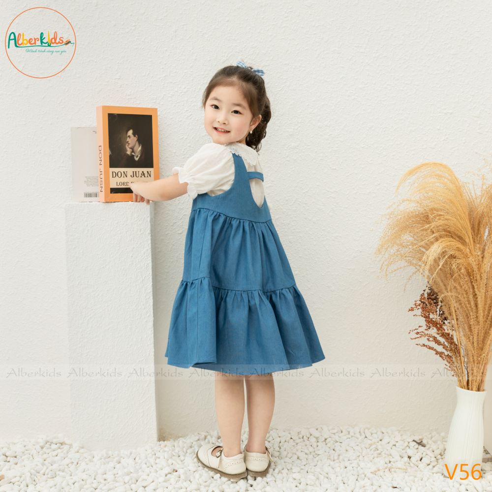 Váy bé gái ALBERKIDS bò denim 2 dây 3 tầng công chúa xinh đẹp cho trẻ em 2,3,4,5,6,7,8,9,10,11,12 tuổi [V56]