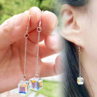 Bông tai bạc pha lê swarovski vuông lấp lánh kiểu dáng dài tòn ten
