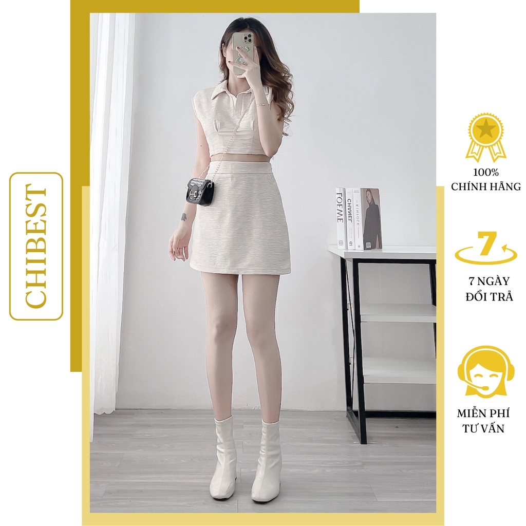set chân váy áo croptop cộc tay vải gấm sang trong CHIBEST HSB66