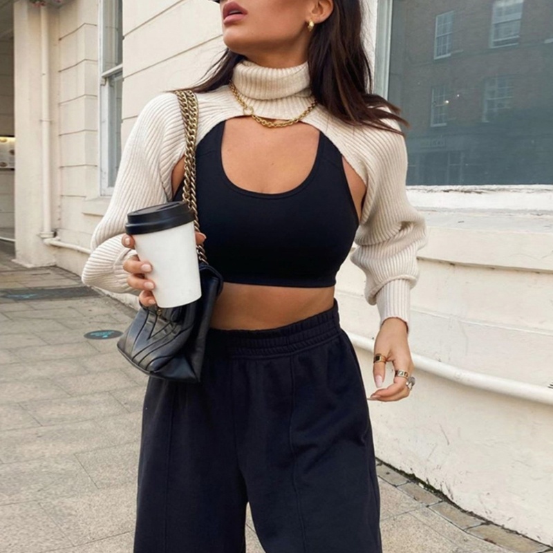 Áo Sweater Croptop Dệt Kim Tay Phồng Dài Cổ Lọ Màu Sắc Đơn Giản Cho Nữ