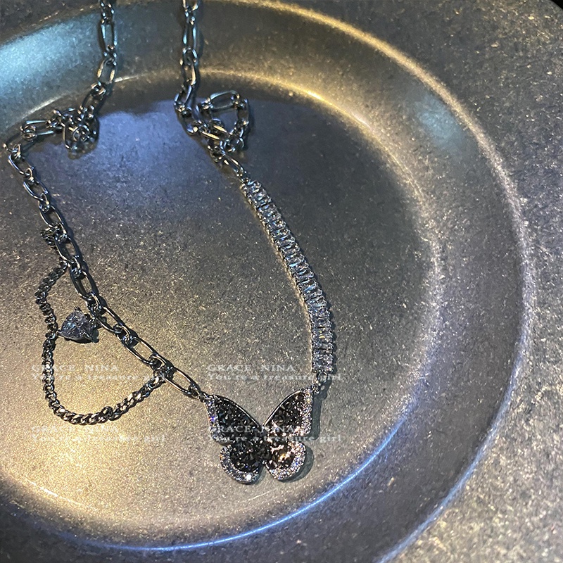 Vòng cổ 17KM mặt bướm đen phối đá Zircon thời trang dành cho nữ