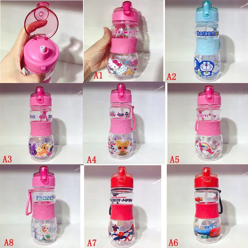 Bình Nước 600ml Hoạt Hình Có Tay Cầm Và Ống Hút Cho Bé