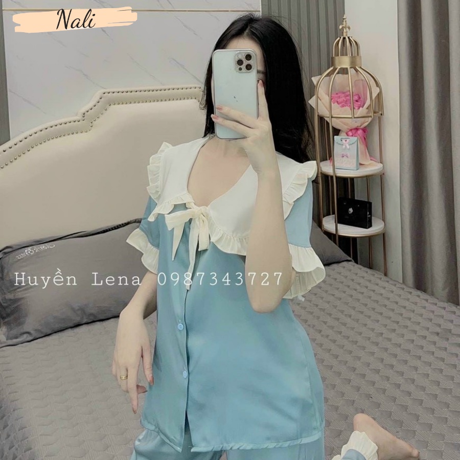 Bộ pijama satin mềm mát, bộ đồ ngủ cộc tay cổ thắt nơ công chúa dễ thương, mát mẻ hàng loại 1 NL139 | BigBuy360 - bigbuy360.vn