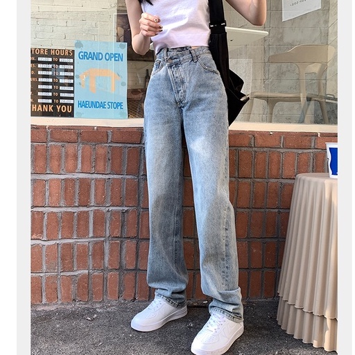 Quần Jean Ống Suông Lưng Cao Lệch Chéo Cạp Ullzzang Hot Taobao Order Chất Bò Xanh Nhạt MSC3B