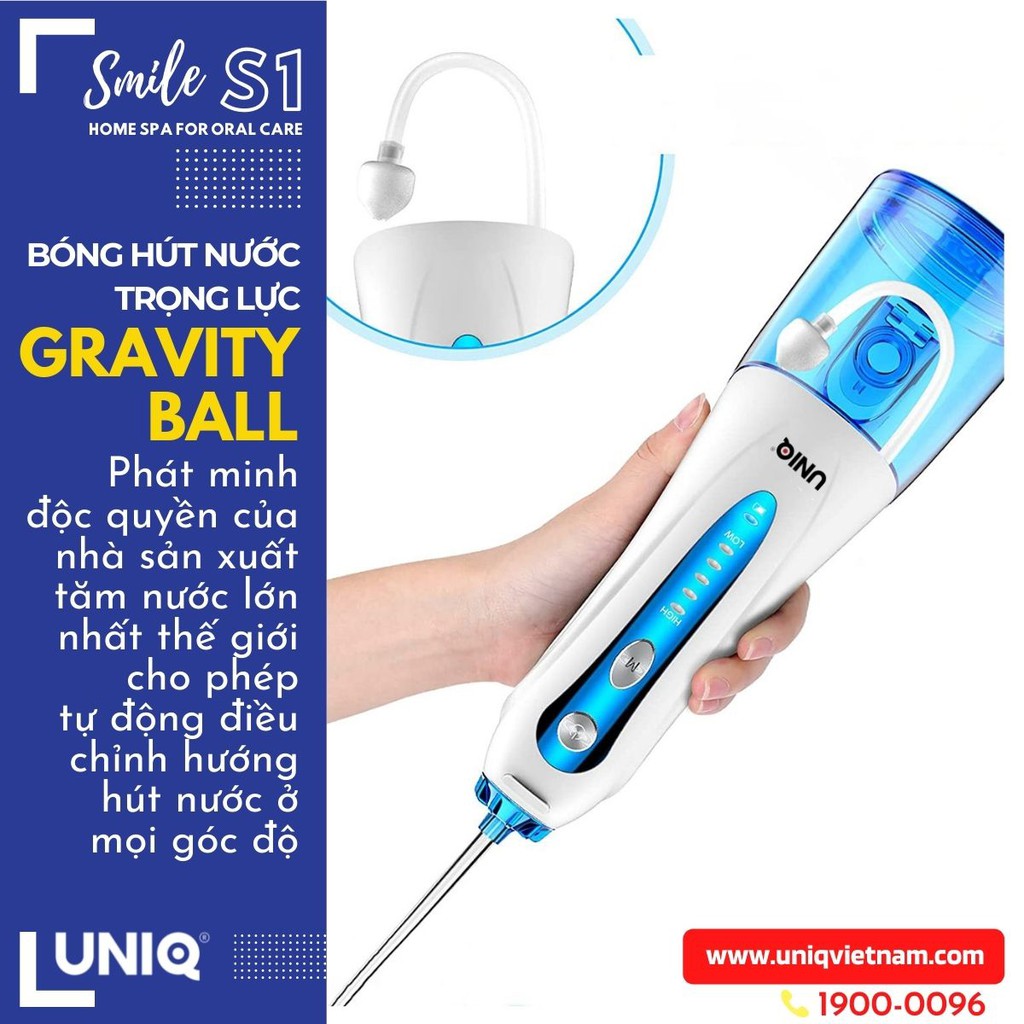 Tăm nước cầm tay UNIQ Smile S1 waterpik động cơ Nhật Bản siêu bền máy vệ sinh răng miệng xịt rửa làm sạch kẽ niềng 300ml