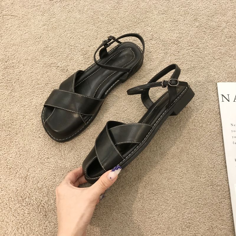Oeggeo shop Xăng đan Gót Thấp Đan Dây Chéo Cài Nút Retro Cho Nữ