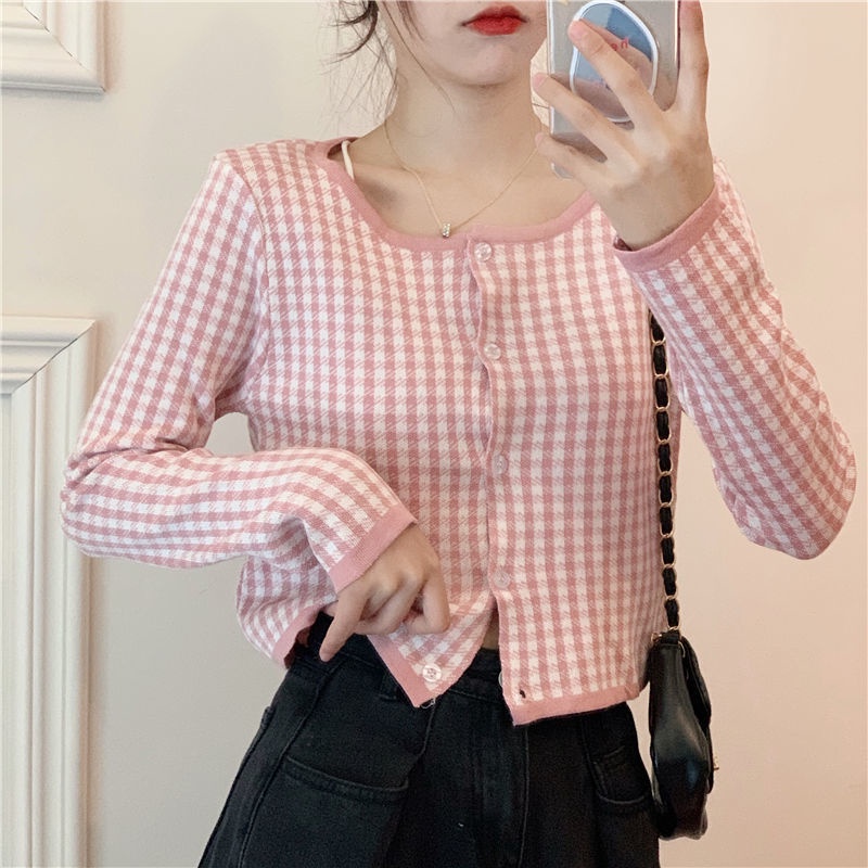 Áo cardigan IELGY thiết kế loại mỏng dài tay in sọc caro phong cách Hàn Quốc cho nữ
