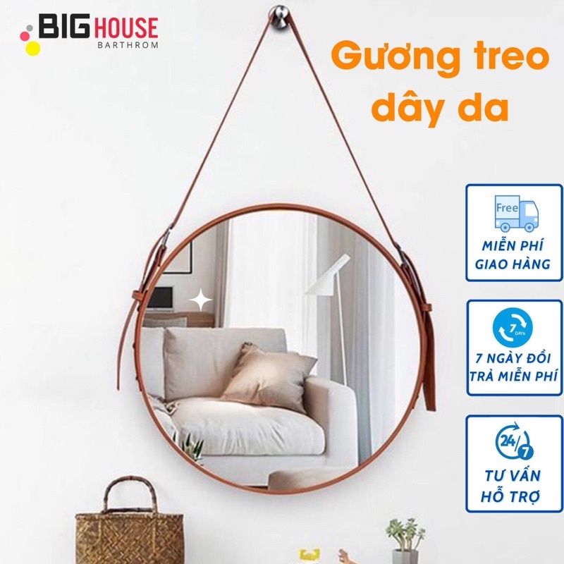 Gương tròn viền dây da treo tường (màu đen hoặc nâu), có kèm móc treo