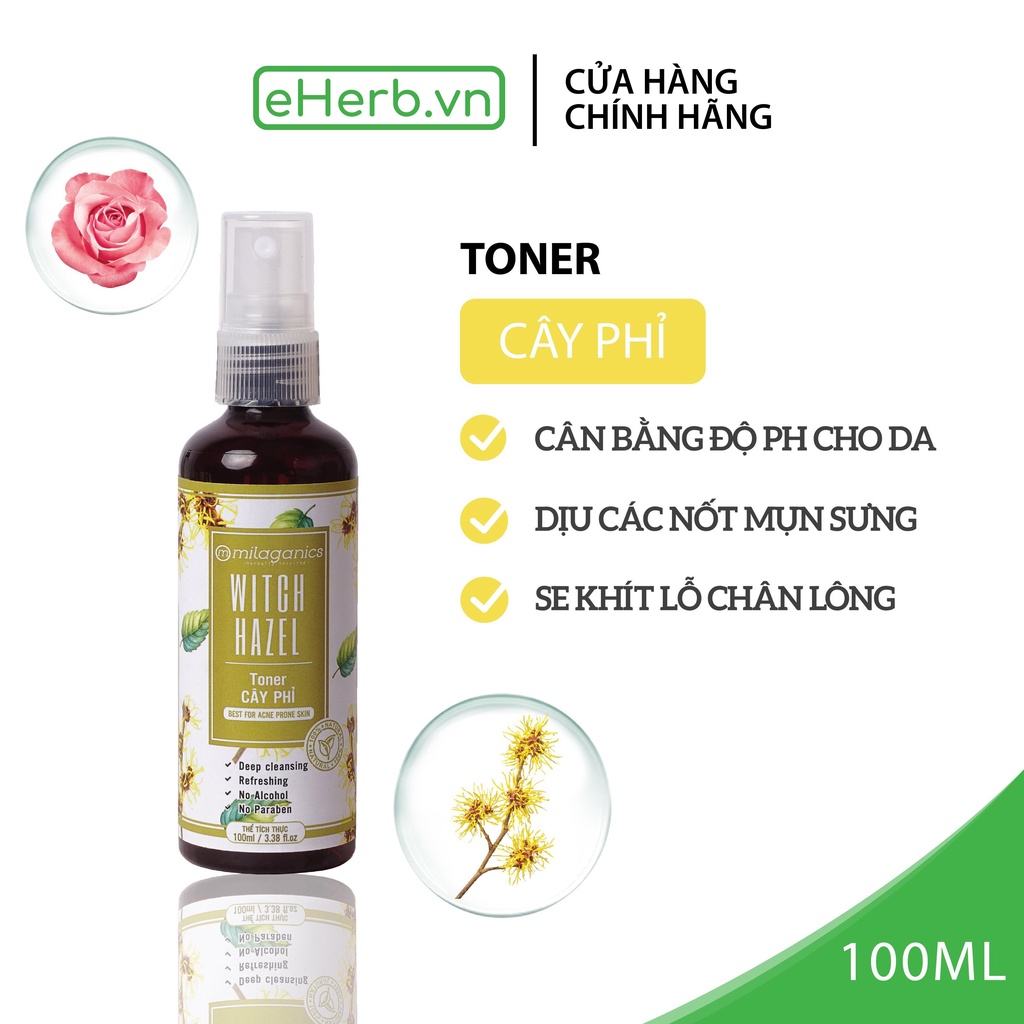 Nước hoa hồng toner cây phỉ cân bằng ẩm, dịu mụn dành cho da dầu mụn MILAGANICS 100ml (chai)