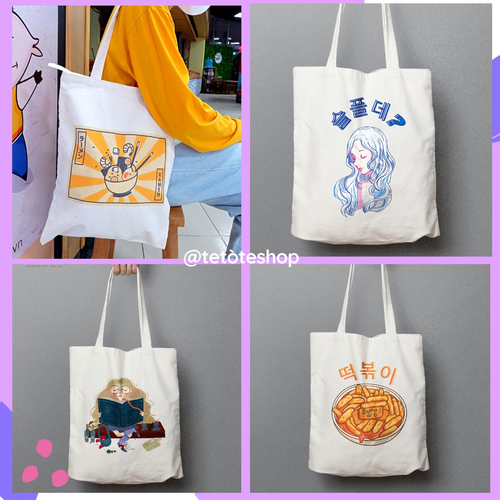 Túi Tote Túi Vải Canvas đeo vai có dây kéo phong cách Hàn Quốc dễ thương xinh xắn, bộ sưu tập