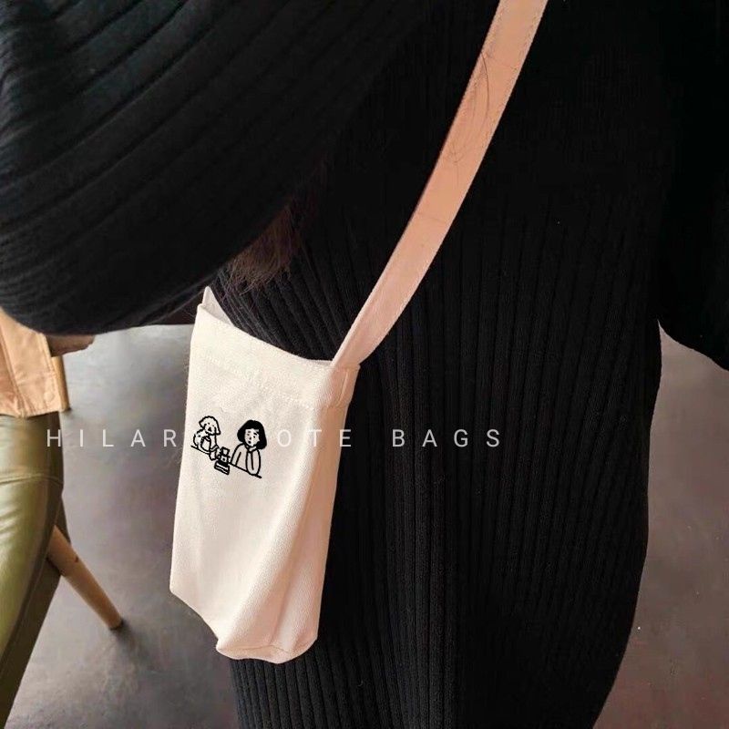 Quai Túi Vải Đựng Ly, Cốc, Bình Nước Canvas Dây Đai Mỏng Đeo Chéo Nhiều Mẫu