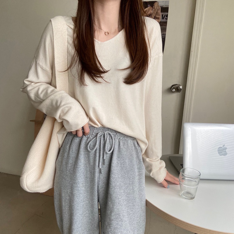 Áo dệt kim tay dài cổ chữ v dáng rộng phong cách cho nữ 44966