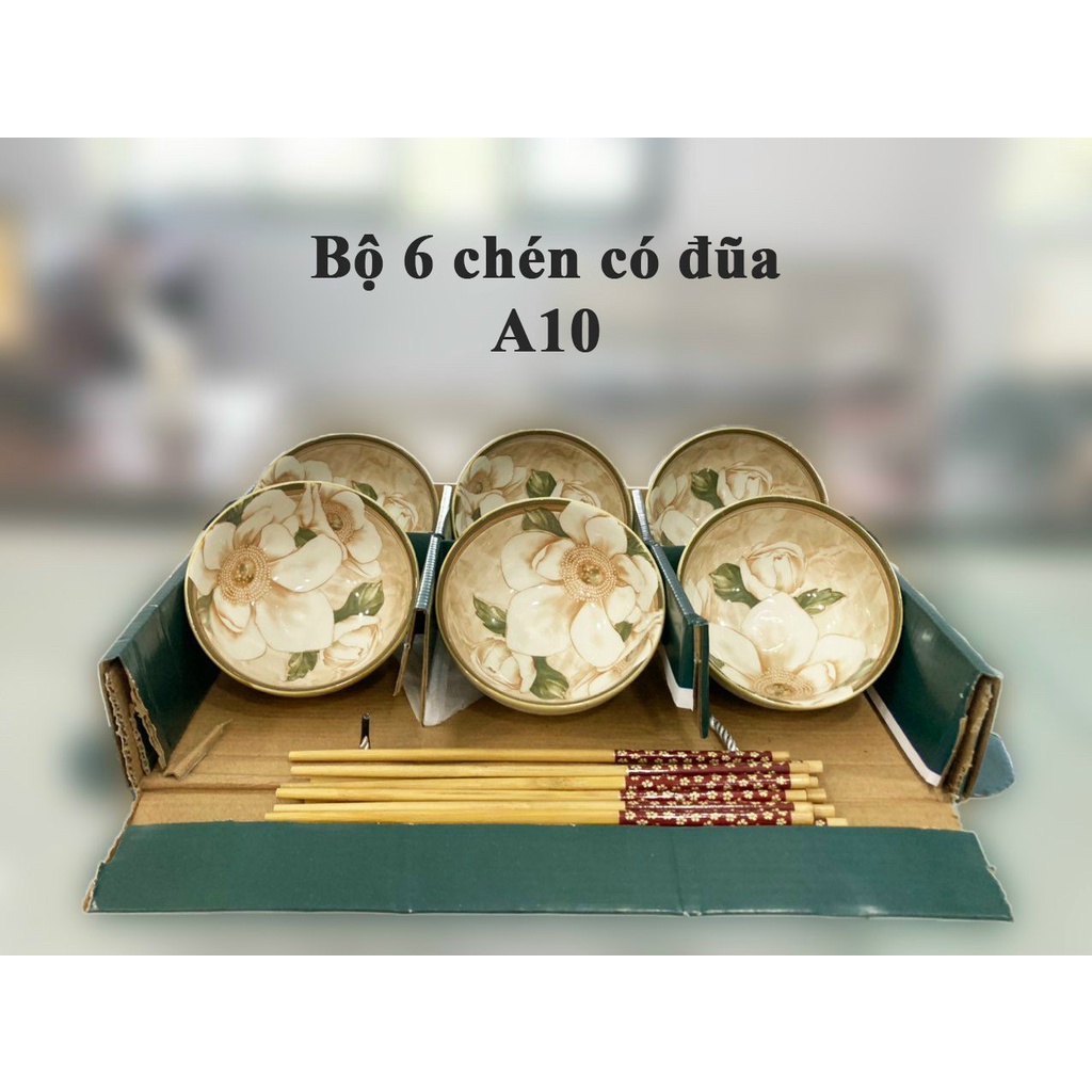 Bộ 6 chén kiểu bông hoa cổ điển tặng kèm 6 đôi đũa có hộp làm quà tặng