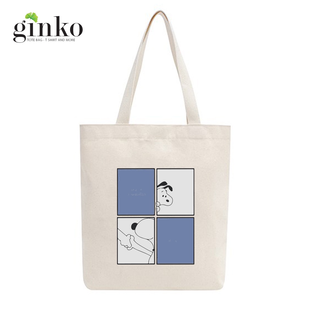 Túi tote vải mộc GINKO dây kéo in hình Snoopy and Friends M103