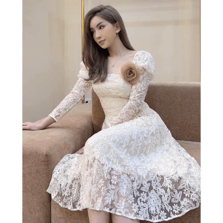 Mẫu HOT Đầm Ren Tay Dài Có Đính Bông Mặc Đi Tiệc Đi Chơi Siêu Bắt Mắt UP