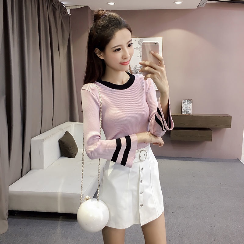 Áo Len Tay Dài Ống Loe Họa Tiết Kẻ Sọc Phong Cách Phương Tây Thời Trang Mùa Thu Mới Cho Nữ