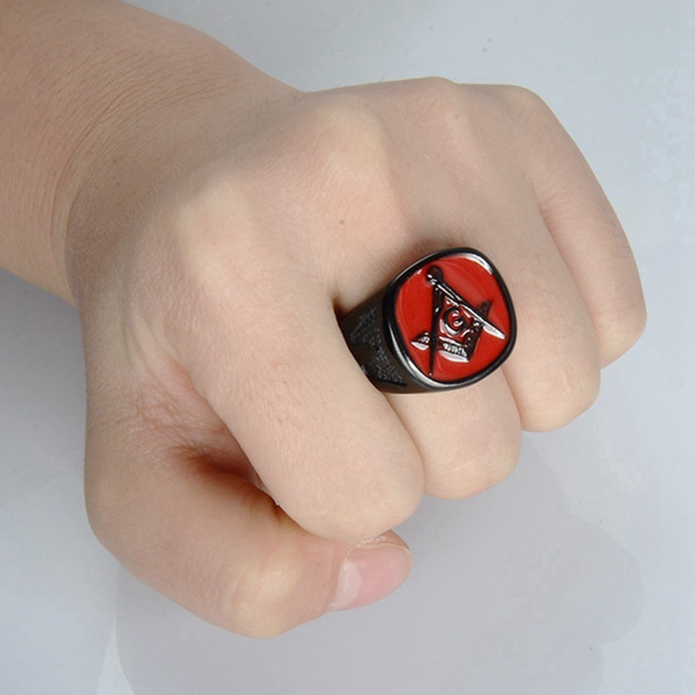 Thời trang Hợp kim Đen Đỏ Tiêu chuẩn Masonic Ring Thời trang nam Trang sức Punk