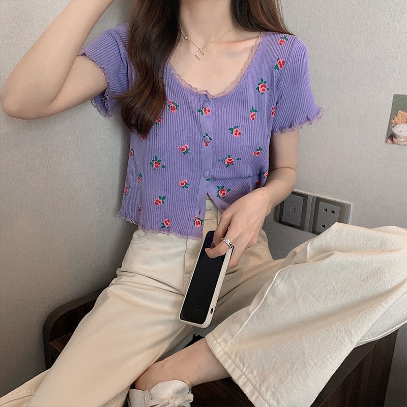 Áo Thun Tay Ngắn In Họa Tiết Hoa Phong Cách Hàn Quốc Thời Trang Mùa Hè Cho Nữ