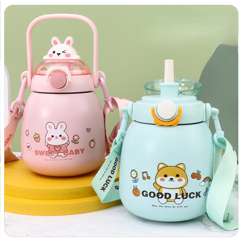 Bình Nước Giữ Nhiệt 780ml / 1000ml Bằng Thép Không Gỉ 316 Họa Tiết Hoạt Hình Có Dây Đeo Chéo Cho Học Sinh