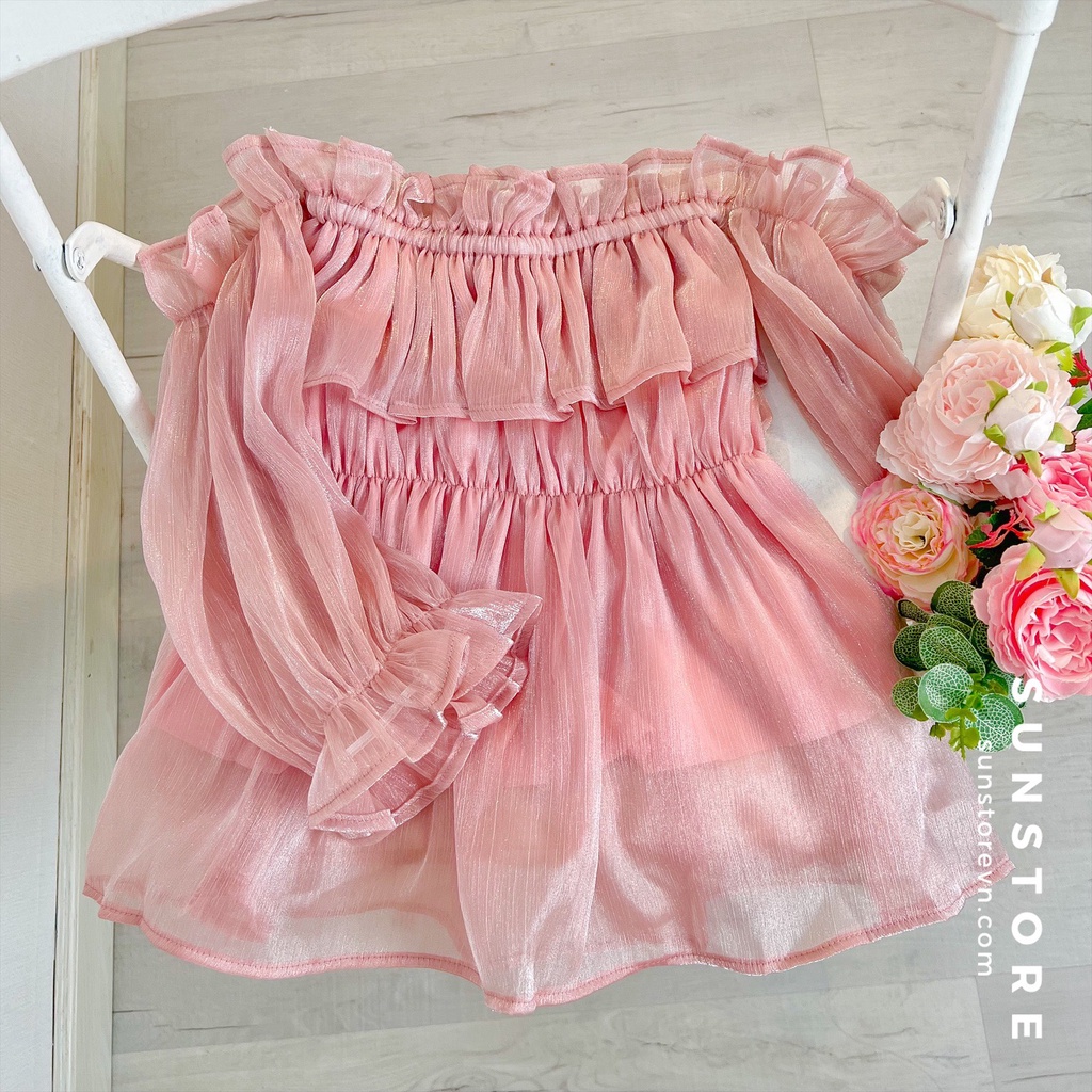 Áo trễ vai kiểu nữ tay phồng xinh xắn chất liệu vải organza freesize màu hồng