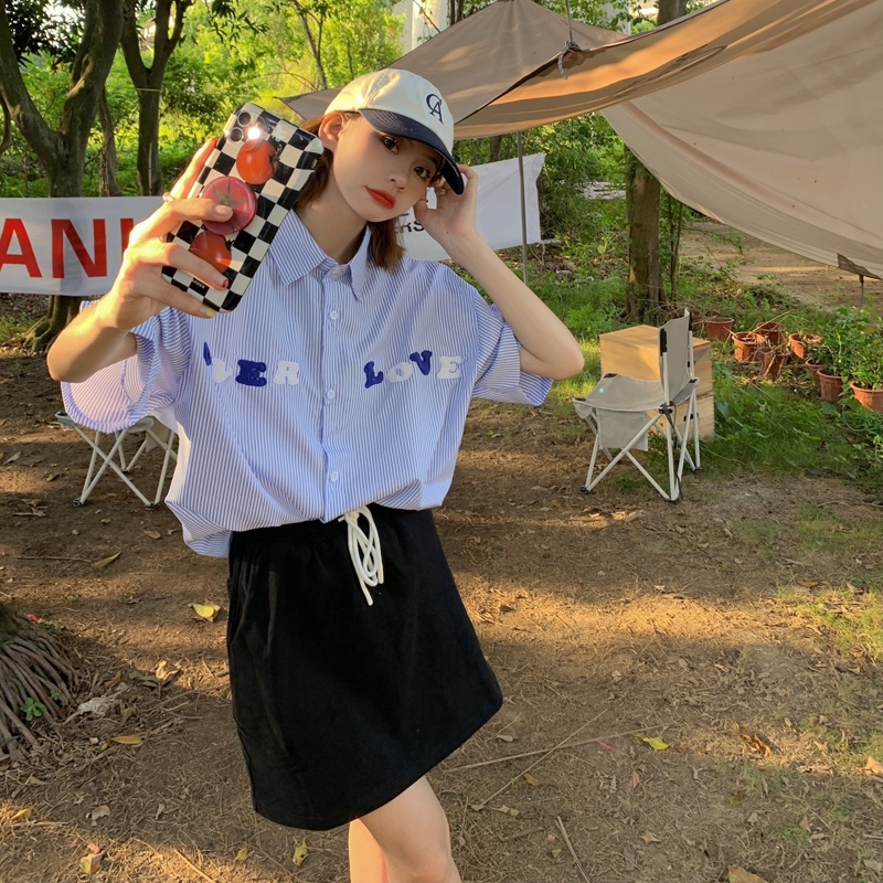 SUXI Áo Sơ Mi Tay Ngắn Dáng Rộng Họa Tiết Kẻ Sọc In Chữ Kiểu Hàn Quốc Thời Trang Mùa Hè Cho Nữ