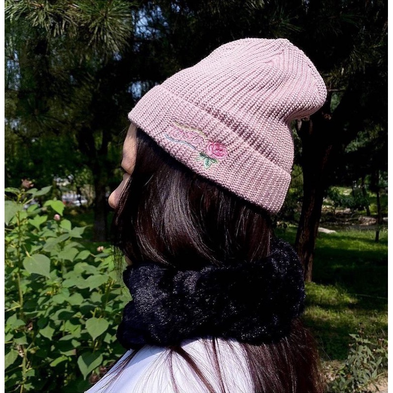 Nón Len Beanie Thêu Hoa Hồng