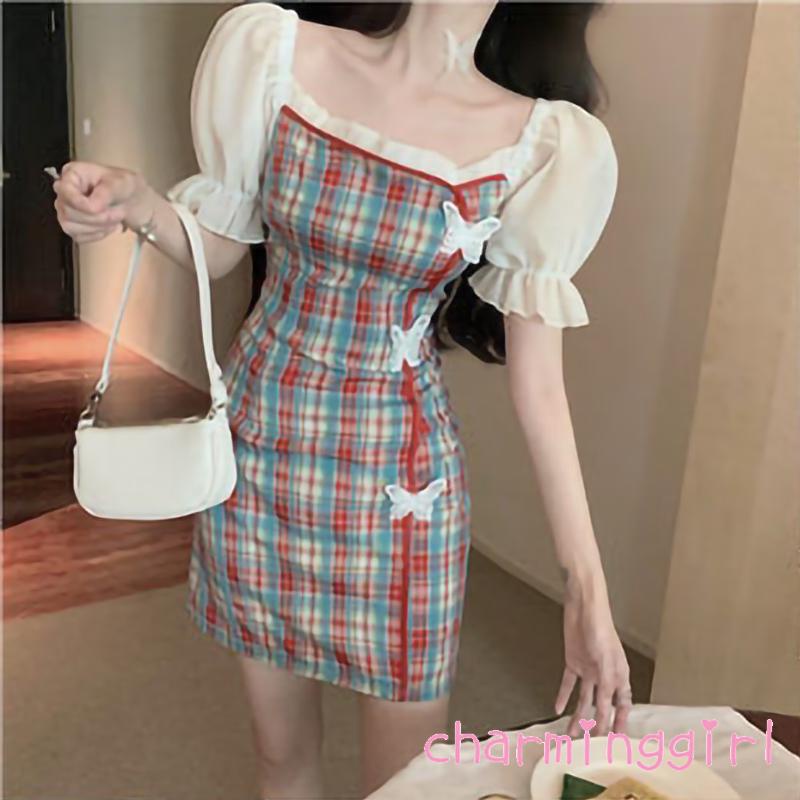 Đầm sườn xám tay phồng cổ vuông họa tiết sọc caro phong cách retro thời trang cho nữ