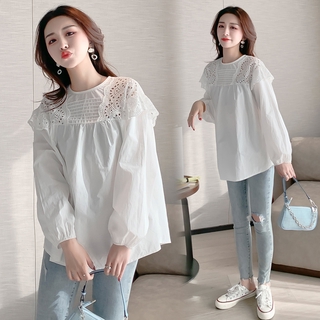 Áo Tay Phồng Cổ Tròn Phối Ren Thời Trang Mùa Xuân Phong Cách Hàn Quốc Mới 2021 Cho Bà Bầu