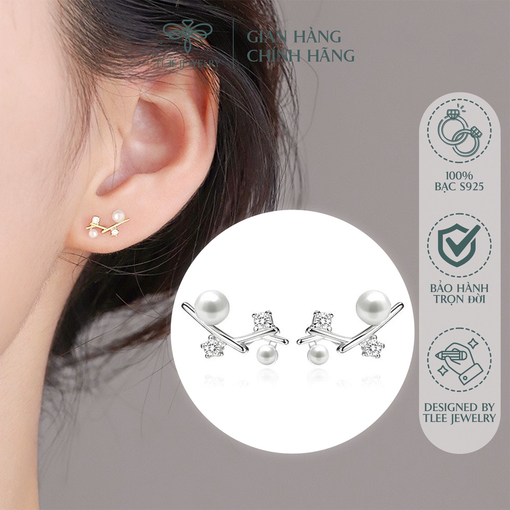 Khuyên tai bạc nữ TLEE cành lá đính trai nhân tạo nữ tính NCJ B0173
