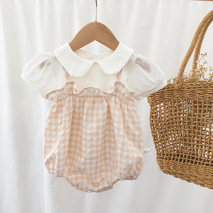 Set áo liền quần hai dây sọc caro + băng đô thời trang cho bé gái sơ sinh