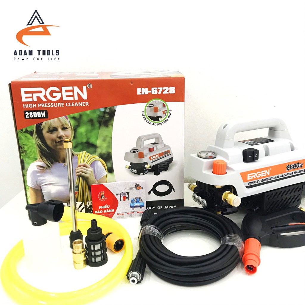 Có núm điều chỉnh áp lực - Máy xịt rửa xe, máy lạnh, điều hòa Ergen EN-6728 - Công suất lớn 2800W_ Tặng bình tạo bọt