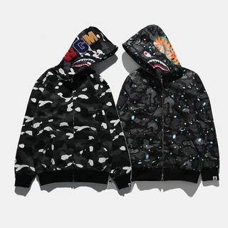 BAPE Áo khoác bóng chày tay dài in hình đầu cá mập phát sáng có khóa kéo plus size unisex