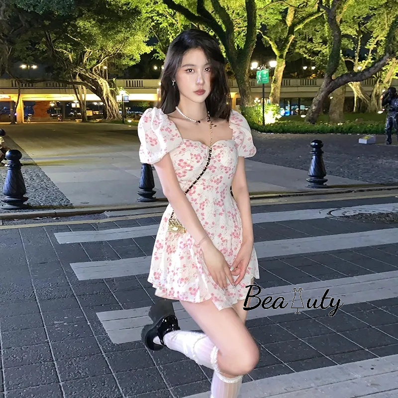 [MURIOKI] Đầm Ngắn In Hoa Tay Phồng Phong Cách Pháp Thời Trang Cho Nữ