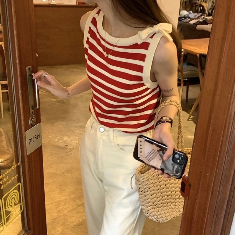 Áo Dệt Kim Sát Nách Kẻ Sọc Đính Nơ Thời Trang Mùa Hè Cho Nữ