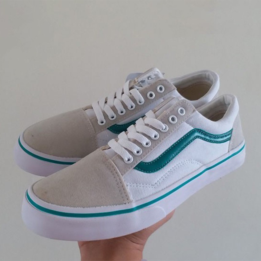 Giày sneaker nam nữ vns old skool trắng viền xanh Lá Da Lộn bản rep1  giày thể thao97 [Tặng Kèm Hộp ],