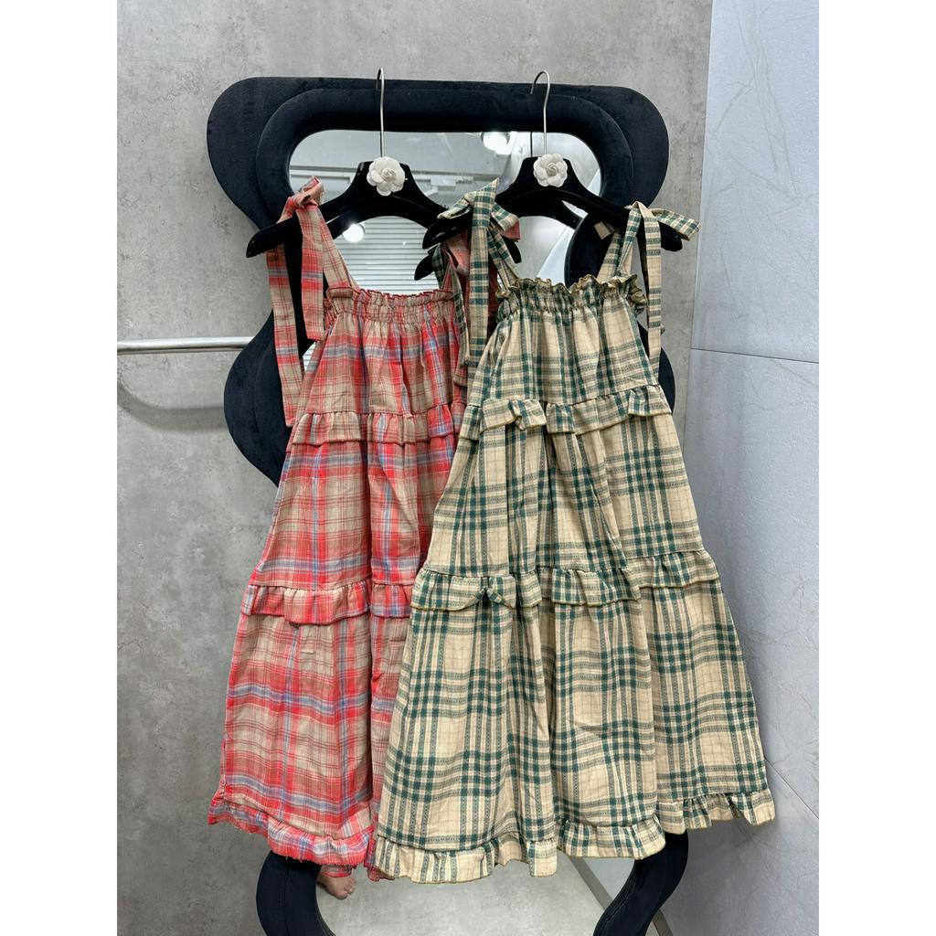 Váy BabyDoll Dáng Dài 3 Tầng Dây Buộc Đầm Nữ 2 Dây Buộc Vai Kẻ Caro Dáng Xoè Freesize
