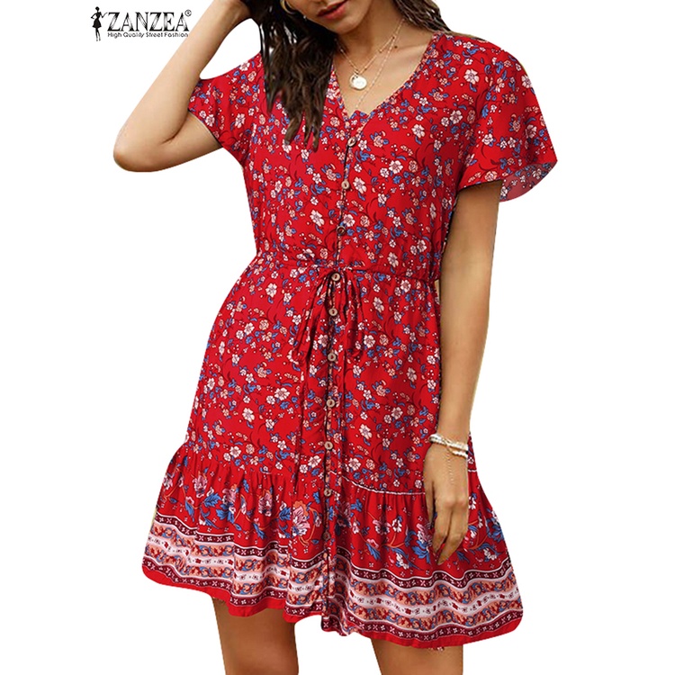 Zanzea Đầm Tay Ngắn Cổ Chữ V Thời Trang Sành Điệu Cho Nữ