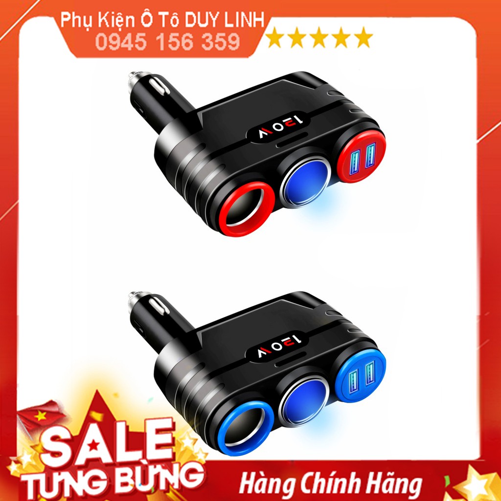 Tẩu sạc ô tô chia nguồn 2 tẩu tròn và 2 cổng USB