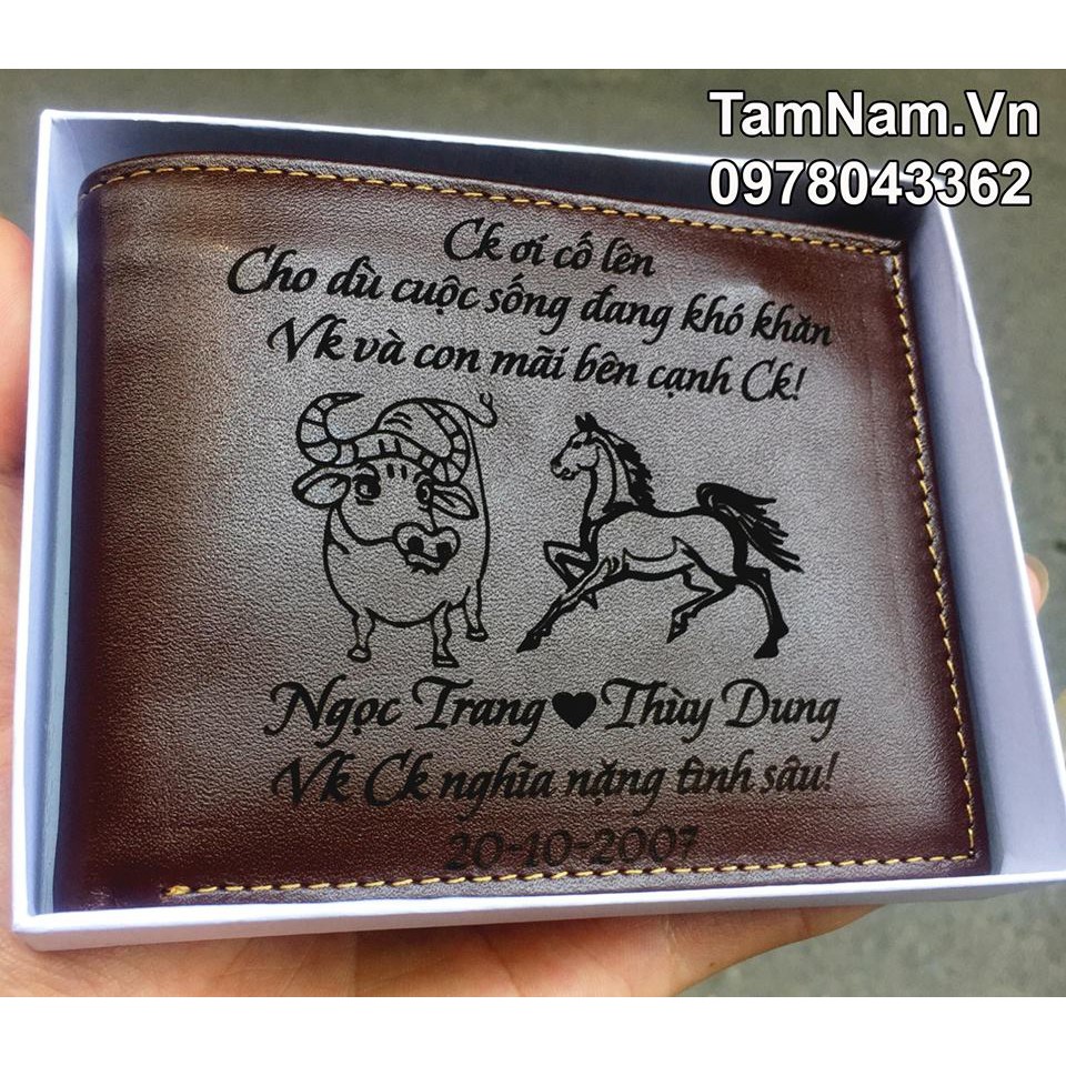 Ví da bò nam cao cấp da thật - Khắc hình con giáp Vợ Chồng