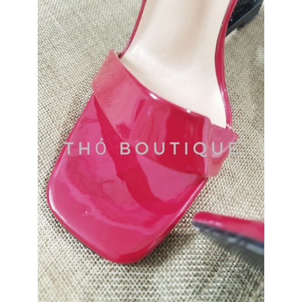Giày sandal cao gót Saint Lau.ren độc lạ gót chữ Appelle Mol quai ngang đỏ da bóng 10cm size 35-36-37-38-39