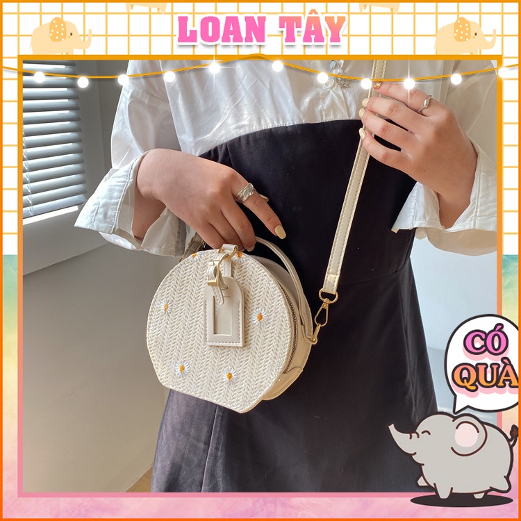 Túi Xách Cói Đeo Chéo Hoa Cúc Dáng Tròn Phối Da Dễ Thương Style Korea