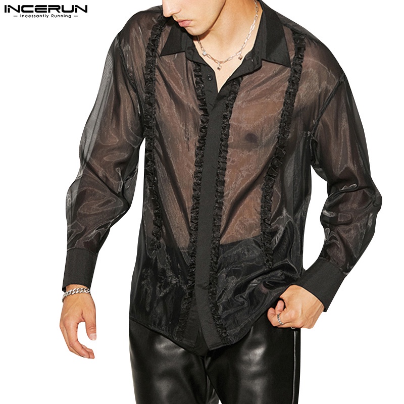 INCERUN Áo Sơ Mi Tay Dài Dáng Rộng Xuyên Thấu Phối Bèo Màu Đen Thời Trang Cho Nam